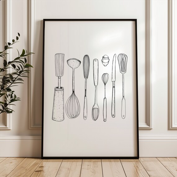 Baking Whisks Rolling Pin Lineup Kitchen Tools Line Art Poster