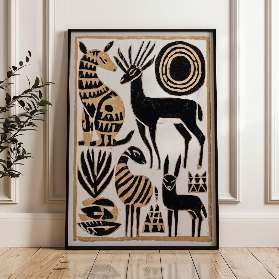 Black and White Tribal Animal Shapes Antelope Zebra Folk Art Poster