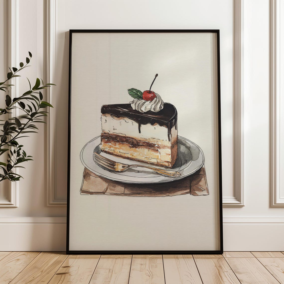 Chocolate Cherry Cake Slice Hand Drawn Watercolor Art Poster