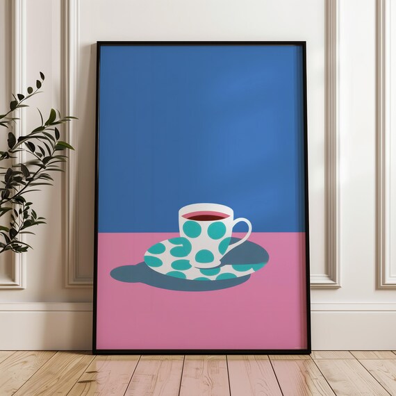 Polka Dot Coffee Cup Minimal Pop Art Poster Blue Pink Kitchen