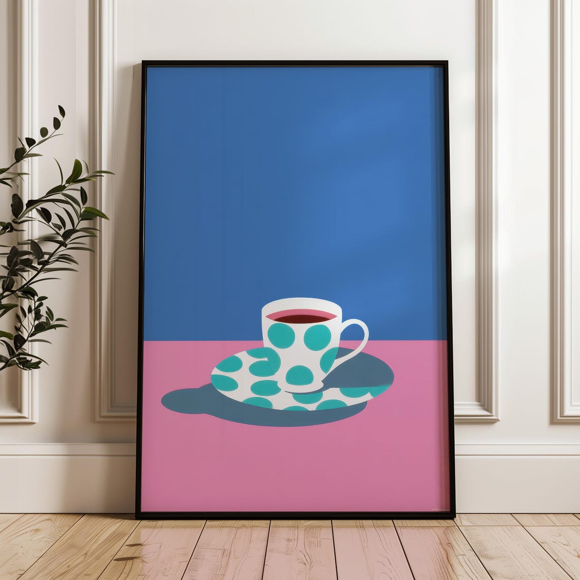 Polka Dot Coffee Cup Minimal Pop Art Poster Blue Pink Kitchen