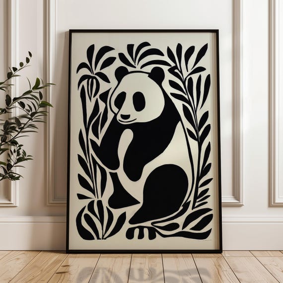 Minimalist Panda Poster Black And Beige Print Modern Organic Wall Art Scandinavian Home