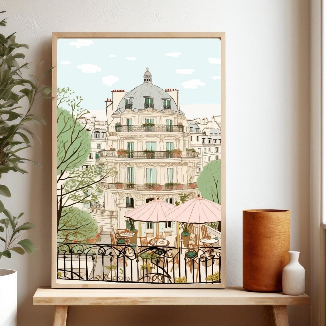 Paris Cafe Scene Illustration Pink Umbrellas Haussmann Building Poster