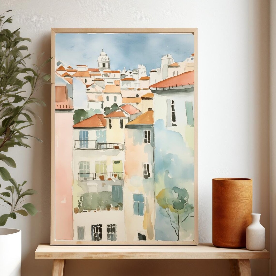 Lisbon Portugal Watercolor Painting Red Rooftops Travel Poster