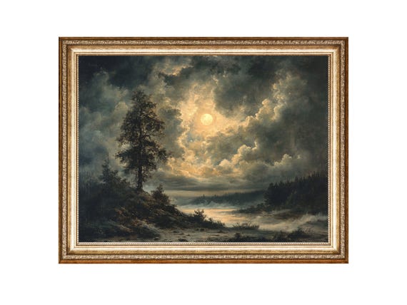 Dark Nature Art Mystical Forest Art Moon Painting Night Sky Oil Painting Cottage Core Art Vintage Painting Prints