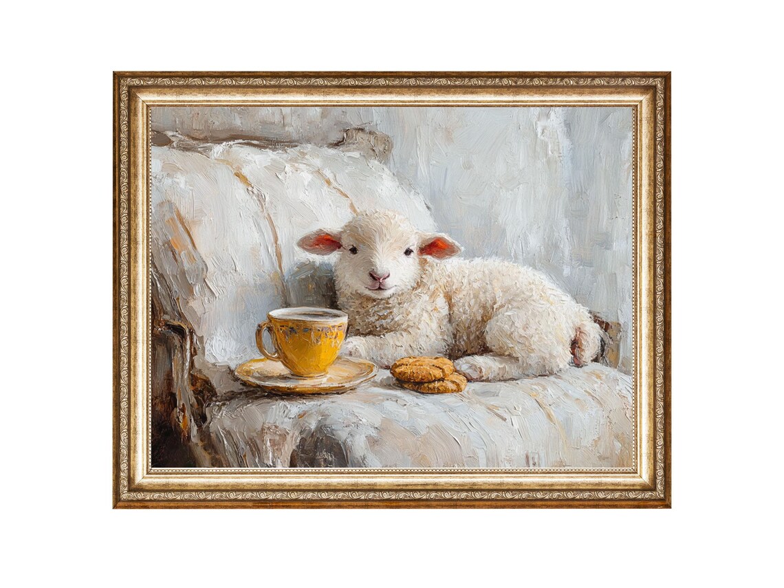 Cute Lamb Relaxing Cafe And Cookies, Vintage Art