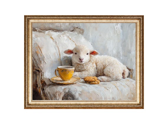 Cute Lamb Relaxing Cafe And Cookies, Vintage Art