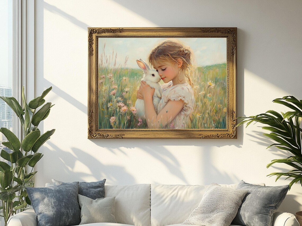 Girl Hugging White Bunny in Wildflower Meadow Cottagecore Poster - Image 2