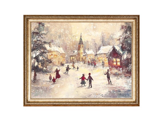 Vintage Christmas Village Art Print, Snowy Winter
