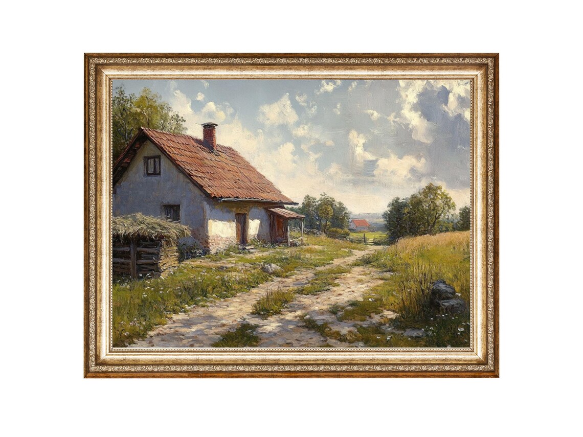 Rustic Country Cottage Landscape, Vintage Oil Painting