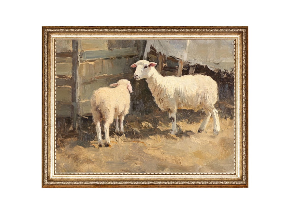 Rustic Farmhouse Sheep Vintage Animal Rural Life Art Oil Painting Cottage Core Art Vintage Painting Wall Art Prints