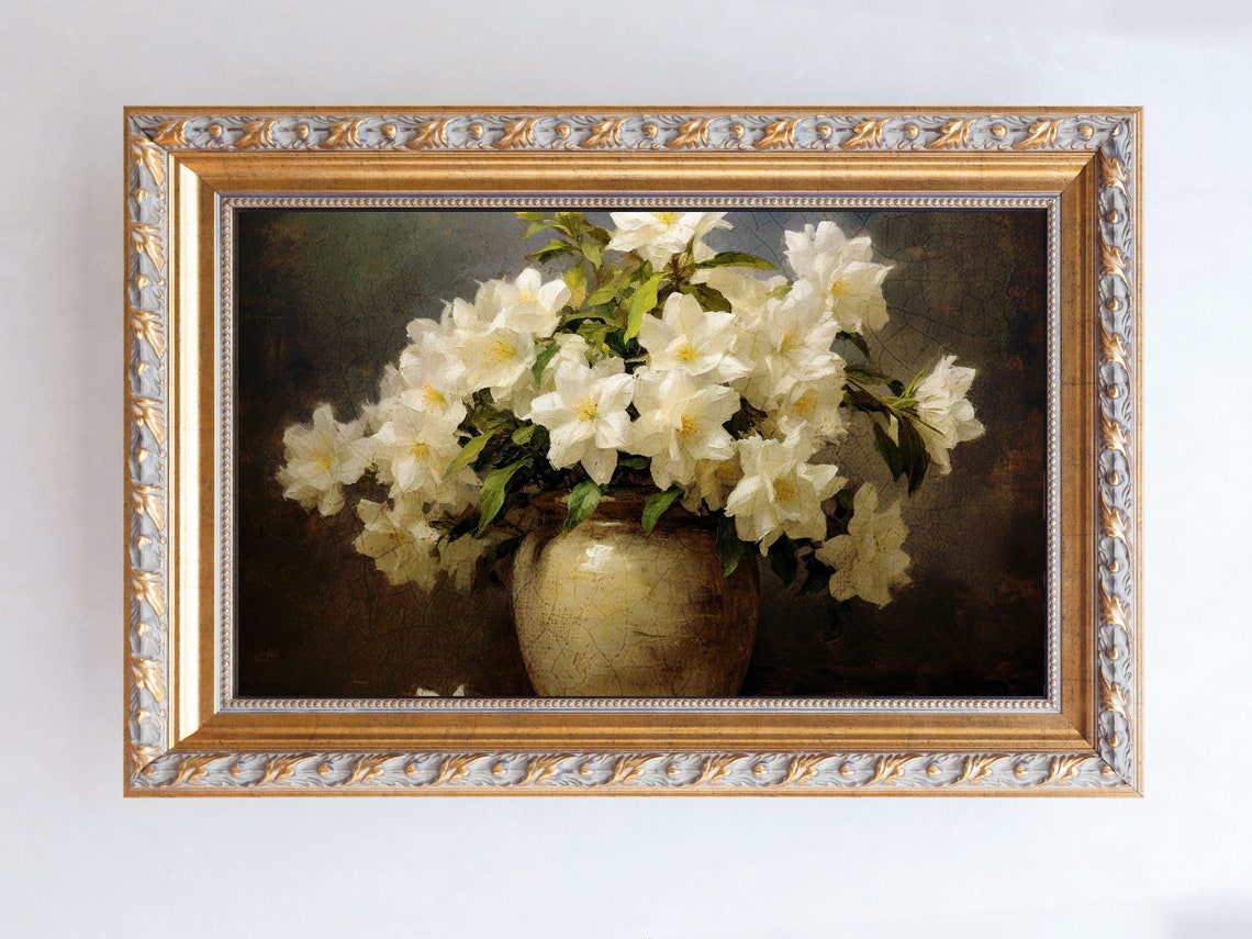 Floral Oil Painting White Azalea Flowers In A Vase Farmhouse Wall Art Oil Painting Vintage Prints Large Wall Art - Image 2