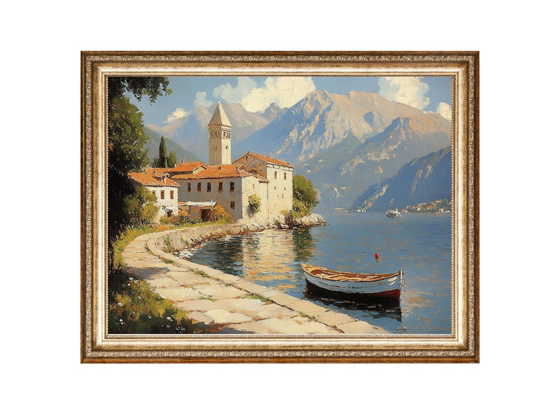 Mediterranean Coastal Village Lake Boat Scenic Landscape Art Print Oil Painting Cottage Core Art Vintage Painting Prints