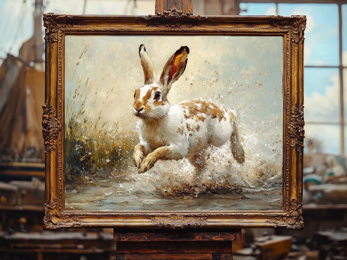 Spotted Rabbit Splashing through Water Vintage Animal Oil Poster - Image 3