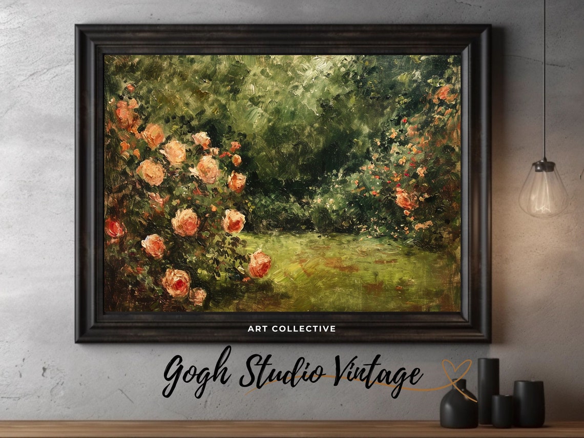 Vintage Rose Garden Oil Painting Art Print, Pink Roses - Image 2