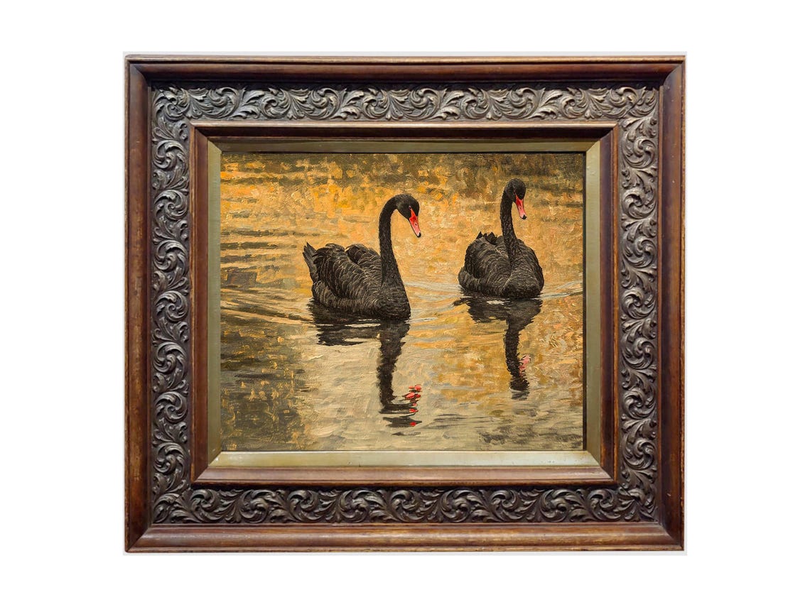 Black Swan Art Lake Painting Vintage Swan Nature Wall Art Swan Painting Animal Wall Art Swan Art Goghstudiovintage - Image 2