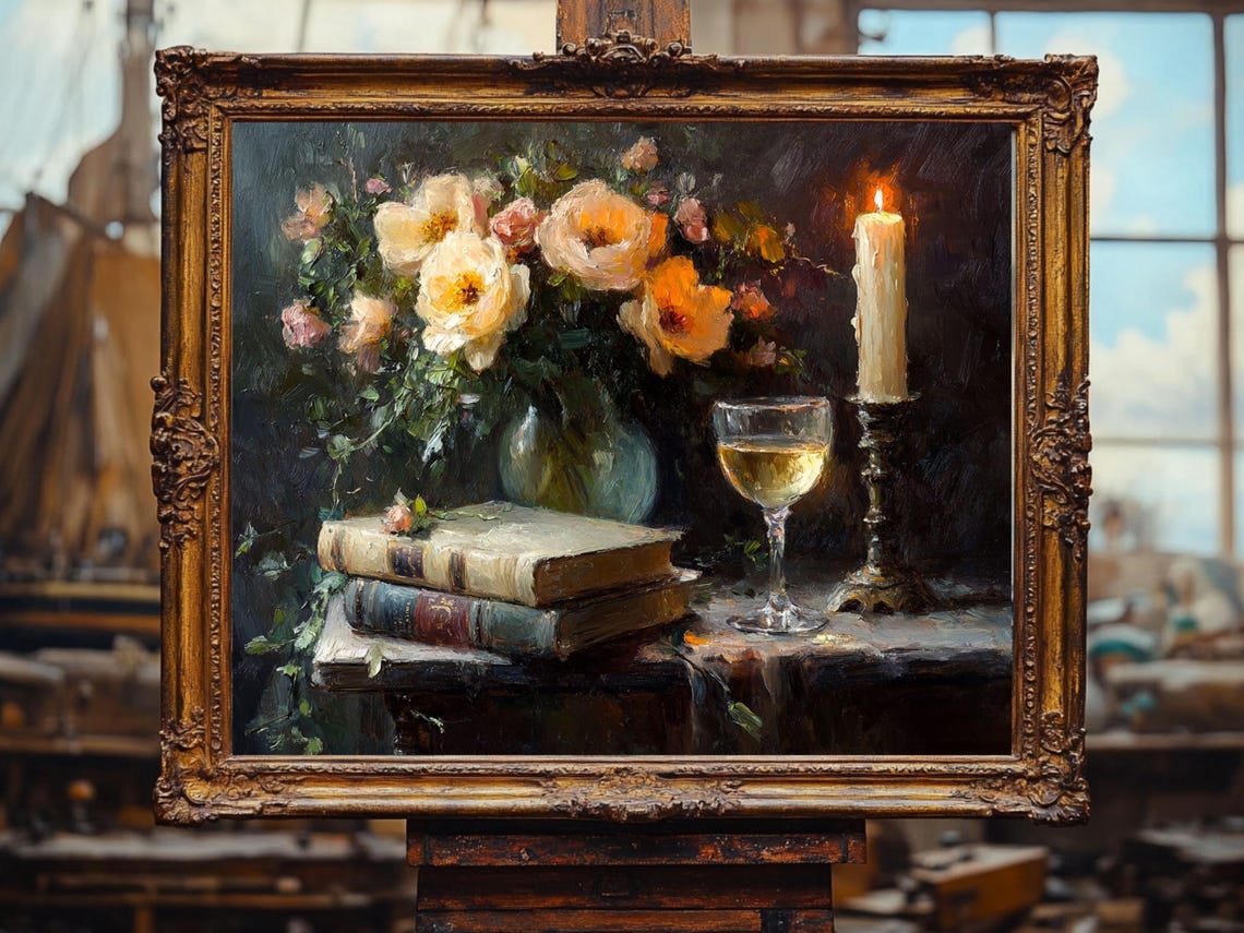 Romantic Still Life With Flowers Candle Wine In Glass And Books Oil Painting Cottage Core Art Best Gifts Vintage Painting Prints - Image 2