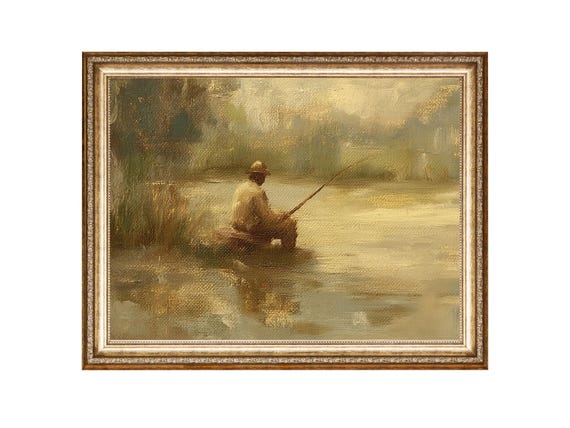 Fishing Print Lake Painting Fisherman Art Vintage Oil Painting Prints Wall Art