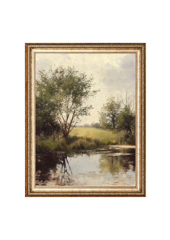 Tranquil River Landscape, Vintage Oil Painting Print