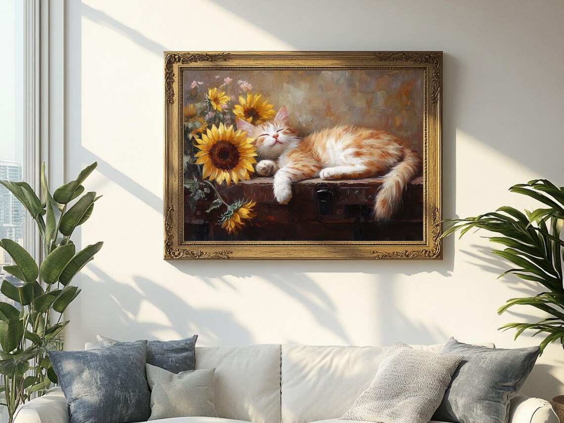 Sleeping Ginger Kitten Among Sunflowers Cozy Animal Art Poster - Image 2