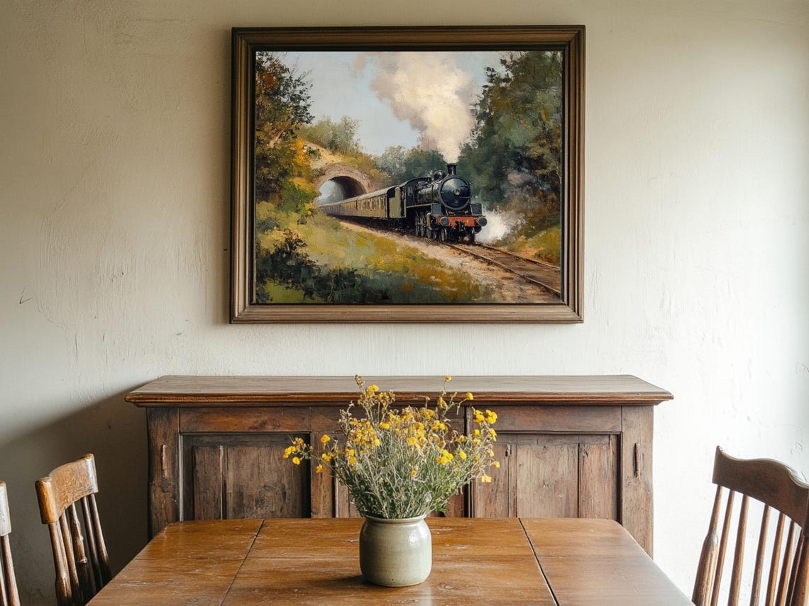 Vintage Railway Steam Train Painting Countryside Railway Travel Wall Art Oil Painting Cottage Core Art Vintage Painting Prints - Image 2