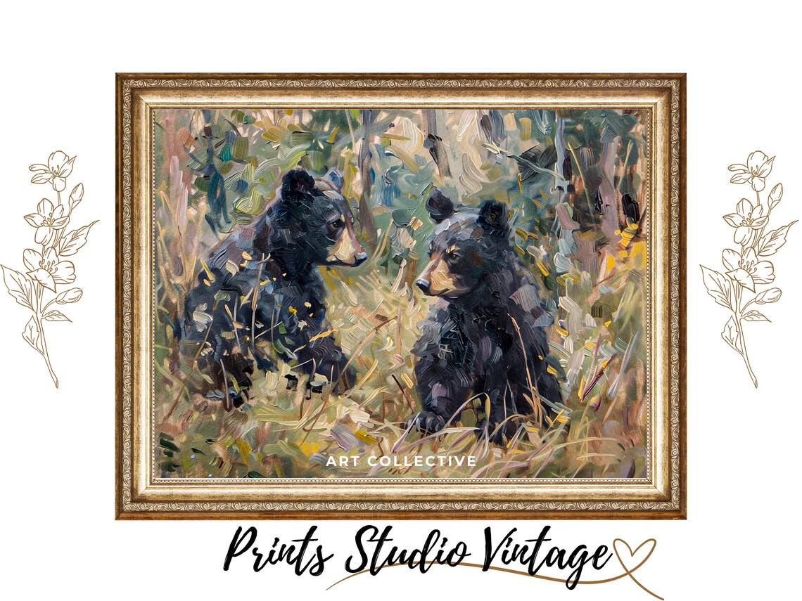 Two Black Bear Cubs In A Forest Impressionist Wildlife Poster