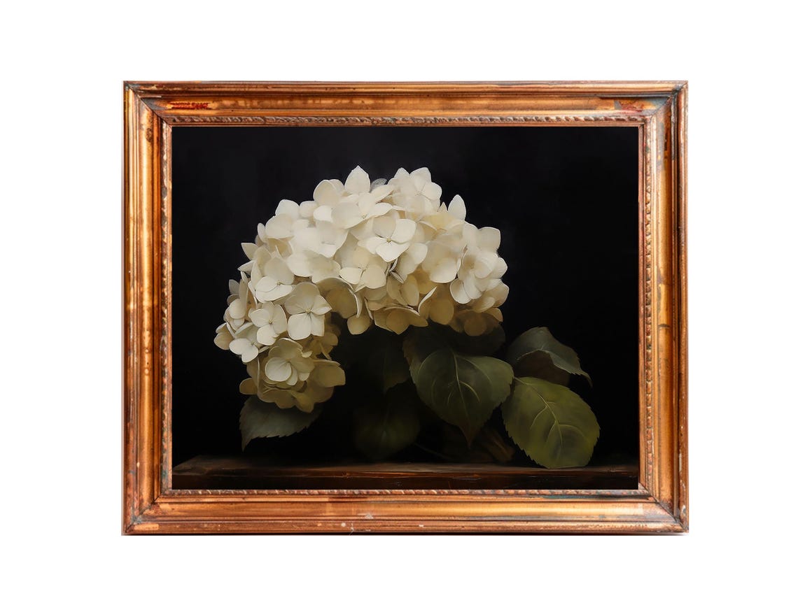 Moody White Hydrangea Oil Painting Vintage Flower Print Hydrangea Painting Botanical Wall Art Farmhouse Decor - Image 3