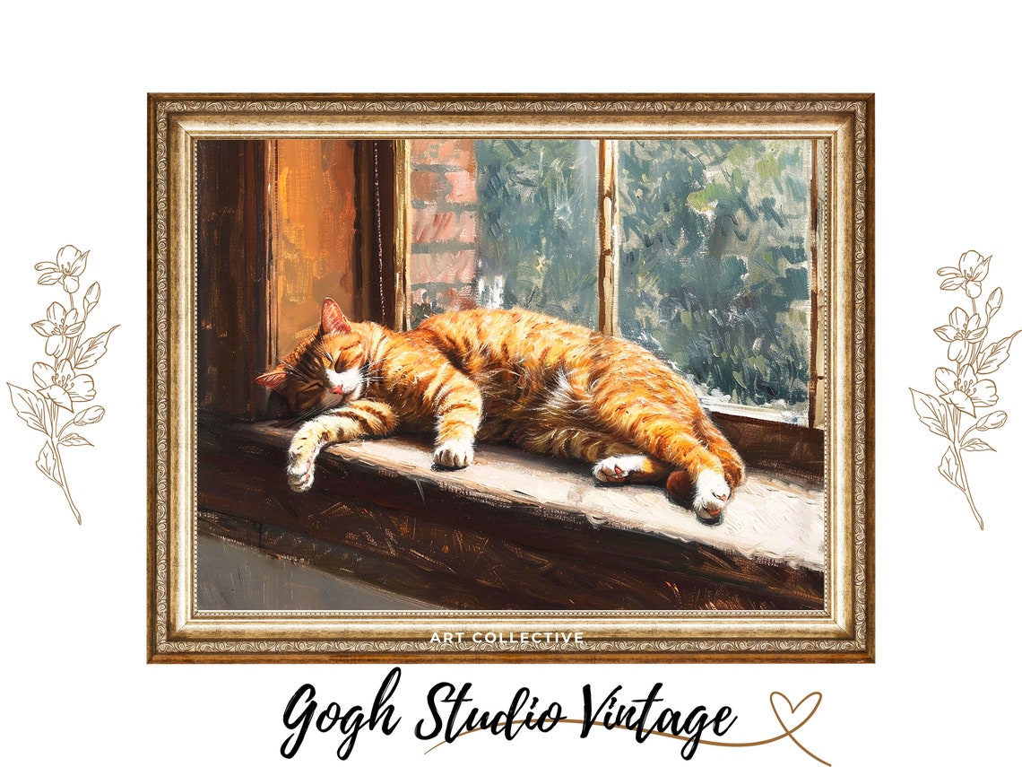 Funny Cat Oil-Painting Cat Sleeps On The Windowsill Print