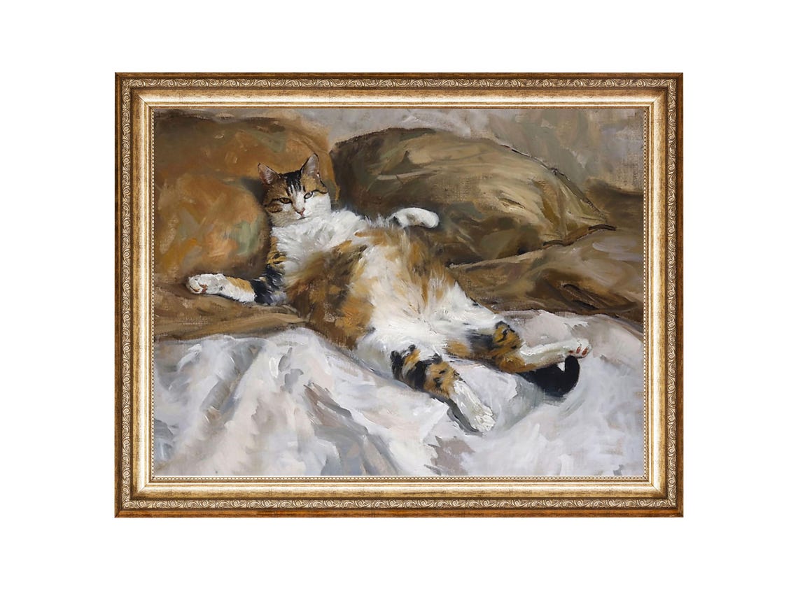 Lazy Cat Painting Cozy Vintage Pet Portrait Wall Art Oil Painting Cottage Core Art Vintage Painting Wall Art Prints