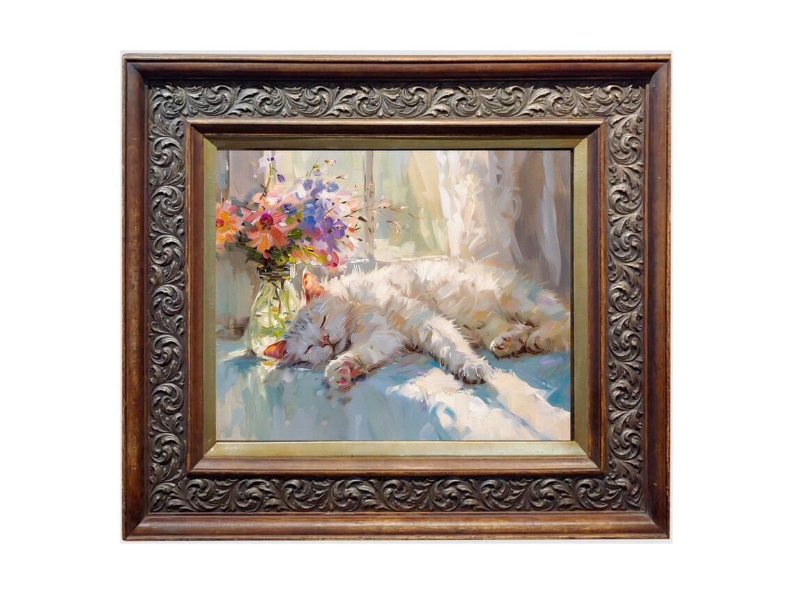 Sleeping White Cat Beside Bright Flowers In A Sunny Window Poster - Image 2