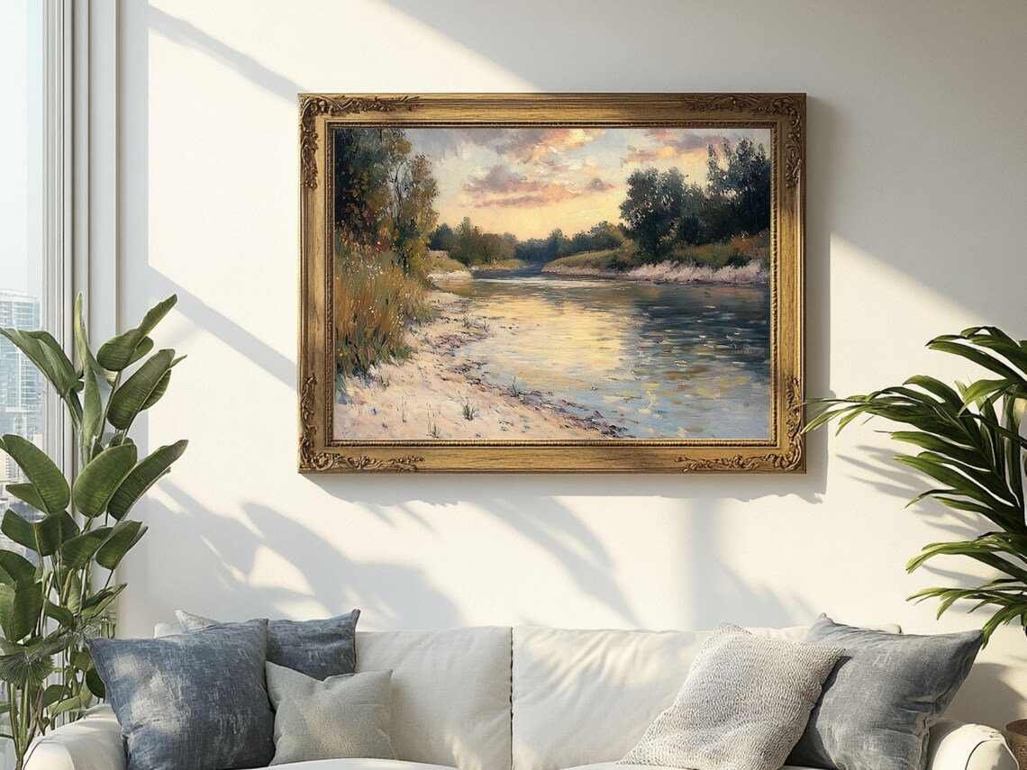 River Landscape Vintage Oil Painting, Cottage Core - Image 2