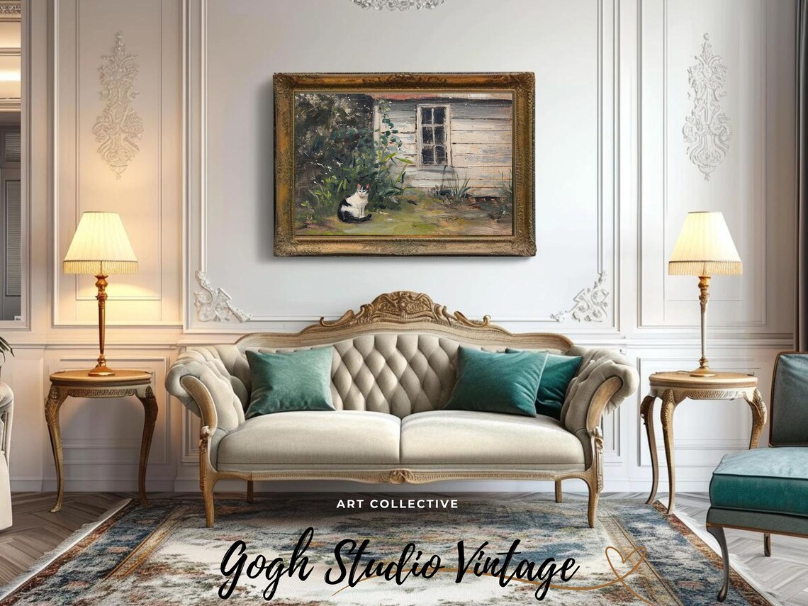 Cat In Farmhouse Village, Vintage Oil Painting Art Print - Image 3