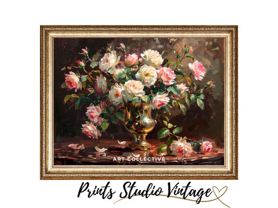 Roses Flowers Floral Prints Roses In Vase Flower Still Life Dark Moody Art Vintage Oil Painting Wall Art Print