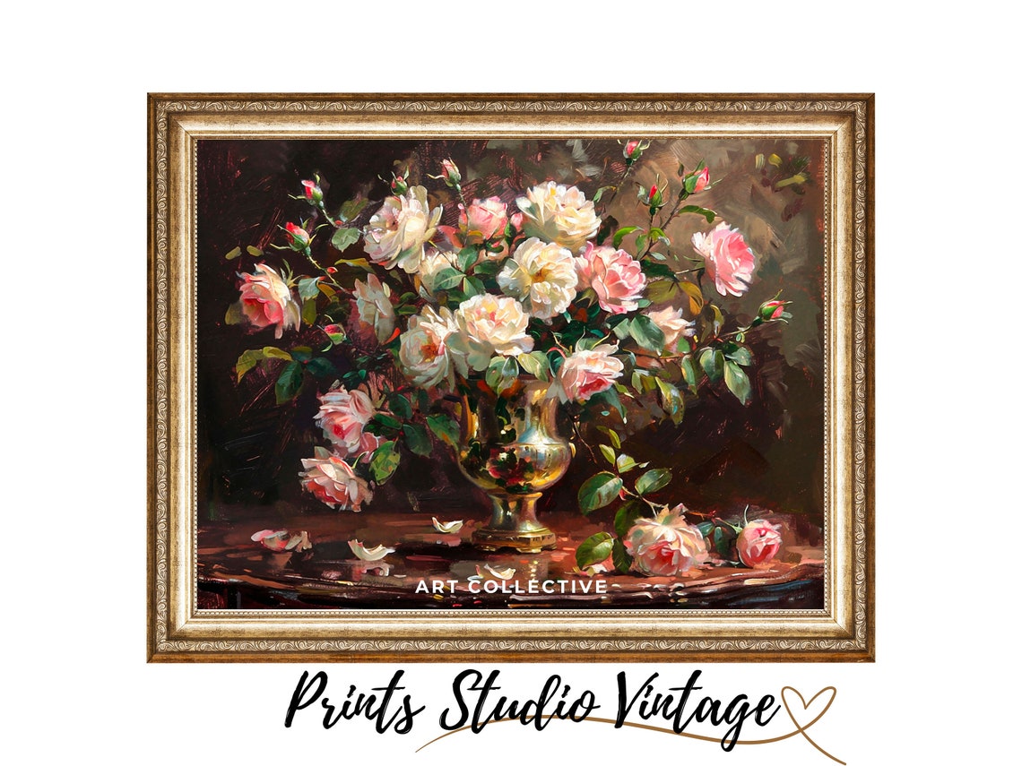 Roses Flowers Floral Prints Roses In Vase Flower Still Life Dark Moody Art Vintage Oil Painting Wall Art Print