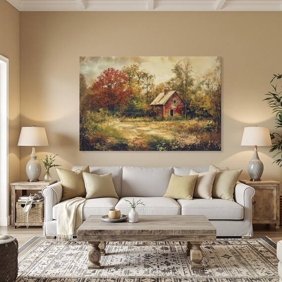 Red Autumn Barn Among Fall Trees Horizontal Rustic Countryside Canvas Poster