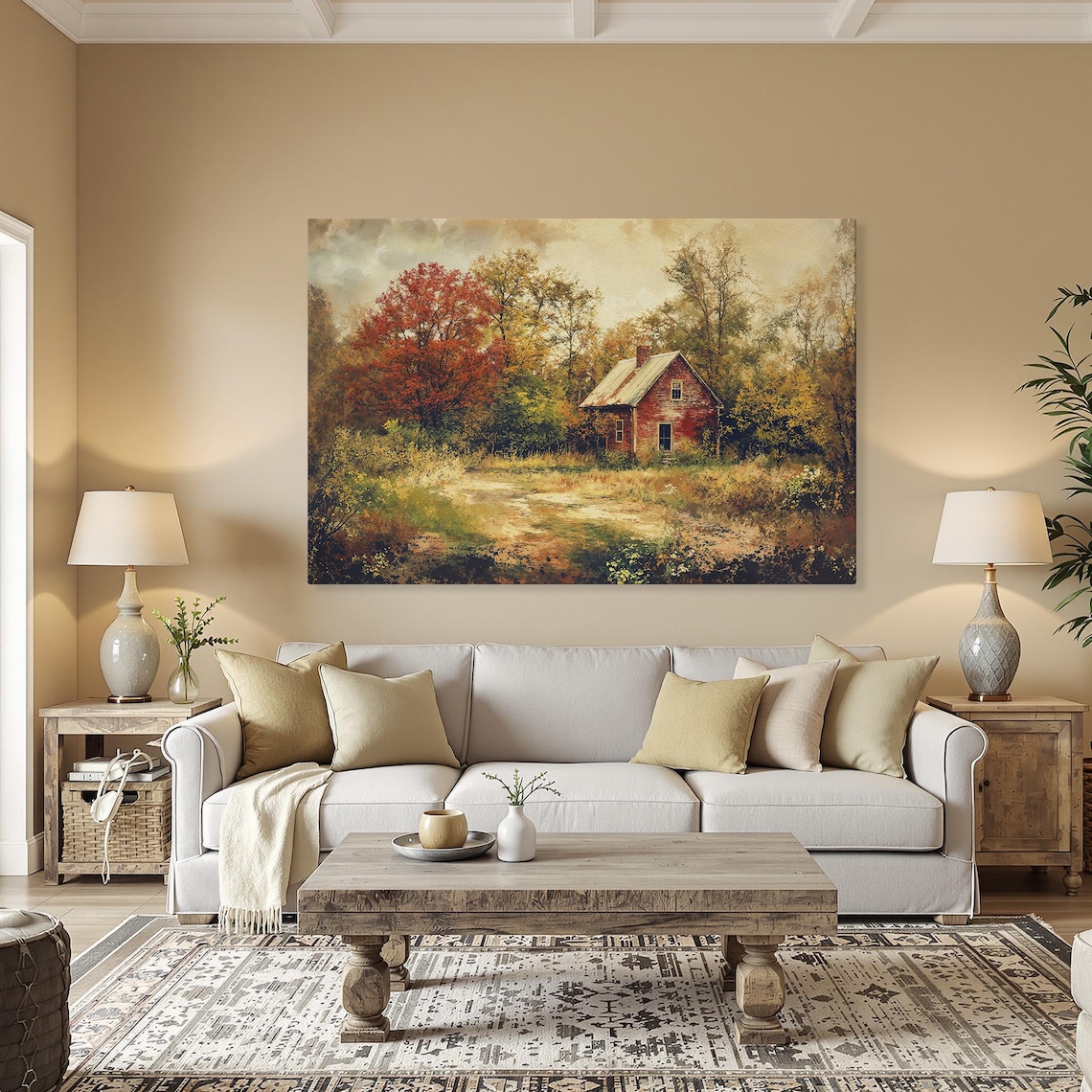 Red Autumn Barn Among Fall Trees Horizontal Rustic Countryside Canvas Poster