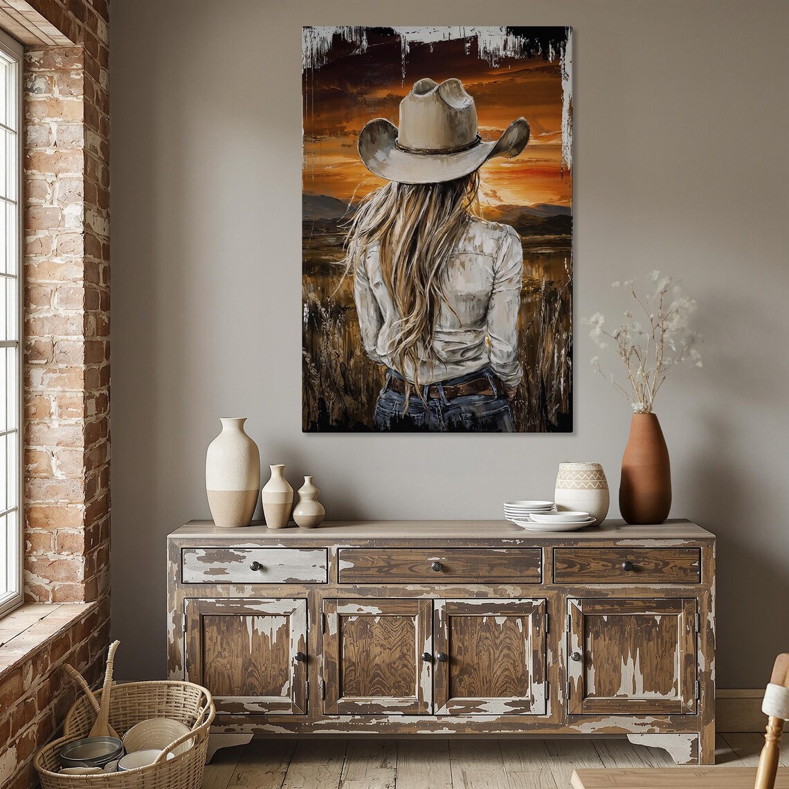Cowgirl at Sunset Back View White Hat Western Ranch Art Poster - Image 5