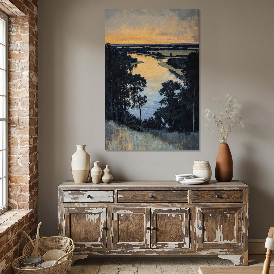 Serene River Sunset Watercolor Countryside Evening Landscape Poster