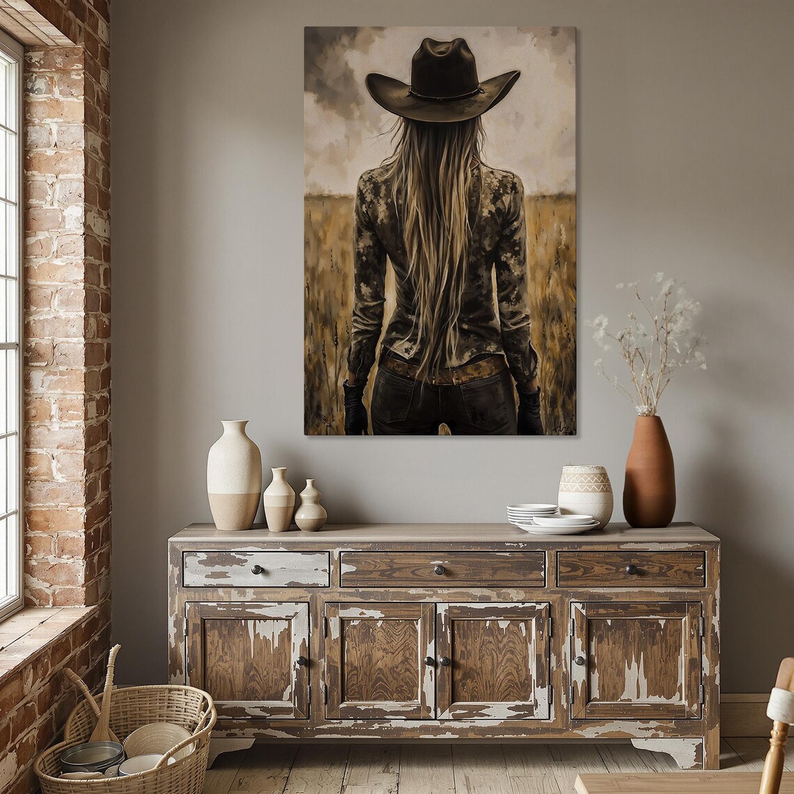 Cowgirl in the Wheat Field Back View Brown Hat Western Art Poster - Image 5