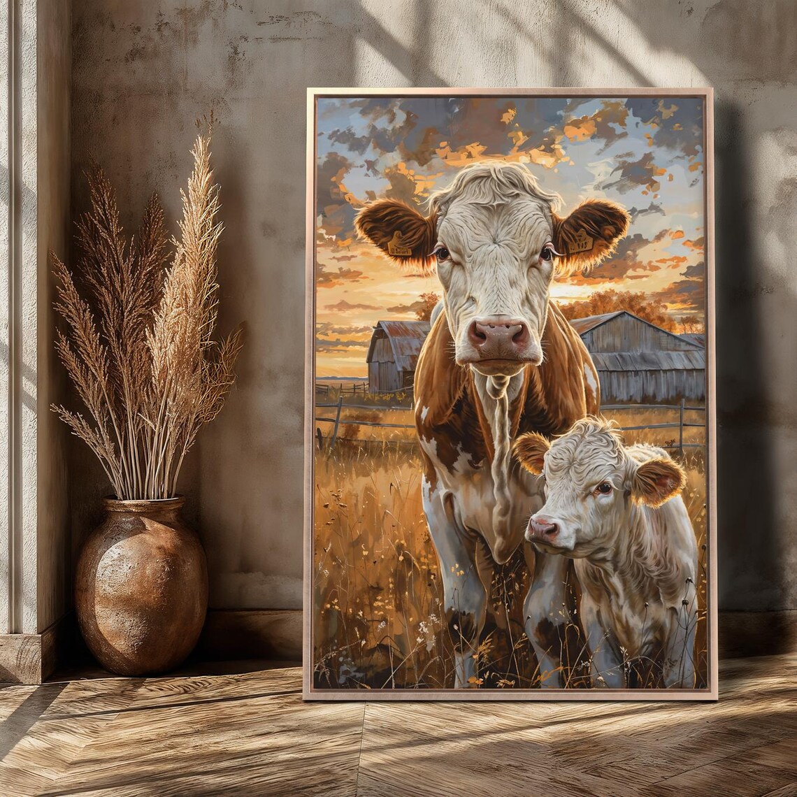 Cow And Calf Grazing Meadow Art Print, Rustic Farm Life - Image 5