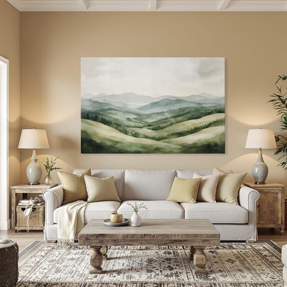 Peaceful Green Landscape Framed Canvas Print Forest Scenery Painting Rustic Wall Art Modern Gift For Dad Ready To Hang