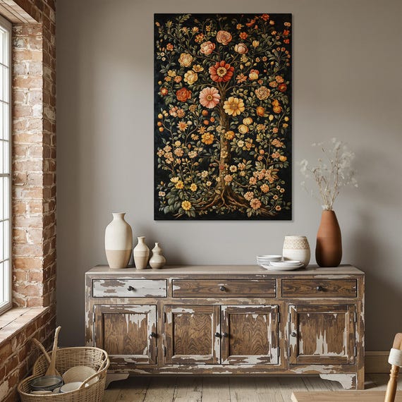 Rustic Floral Fantasy Framed Canvas Print Botanical Wall Art With Vibrant Flower Tree For Office Decor Ready To Hang Gift Her
