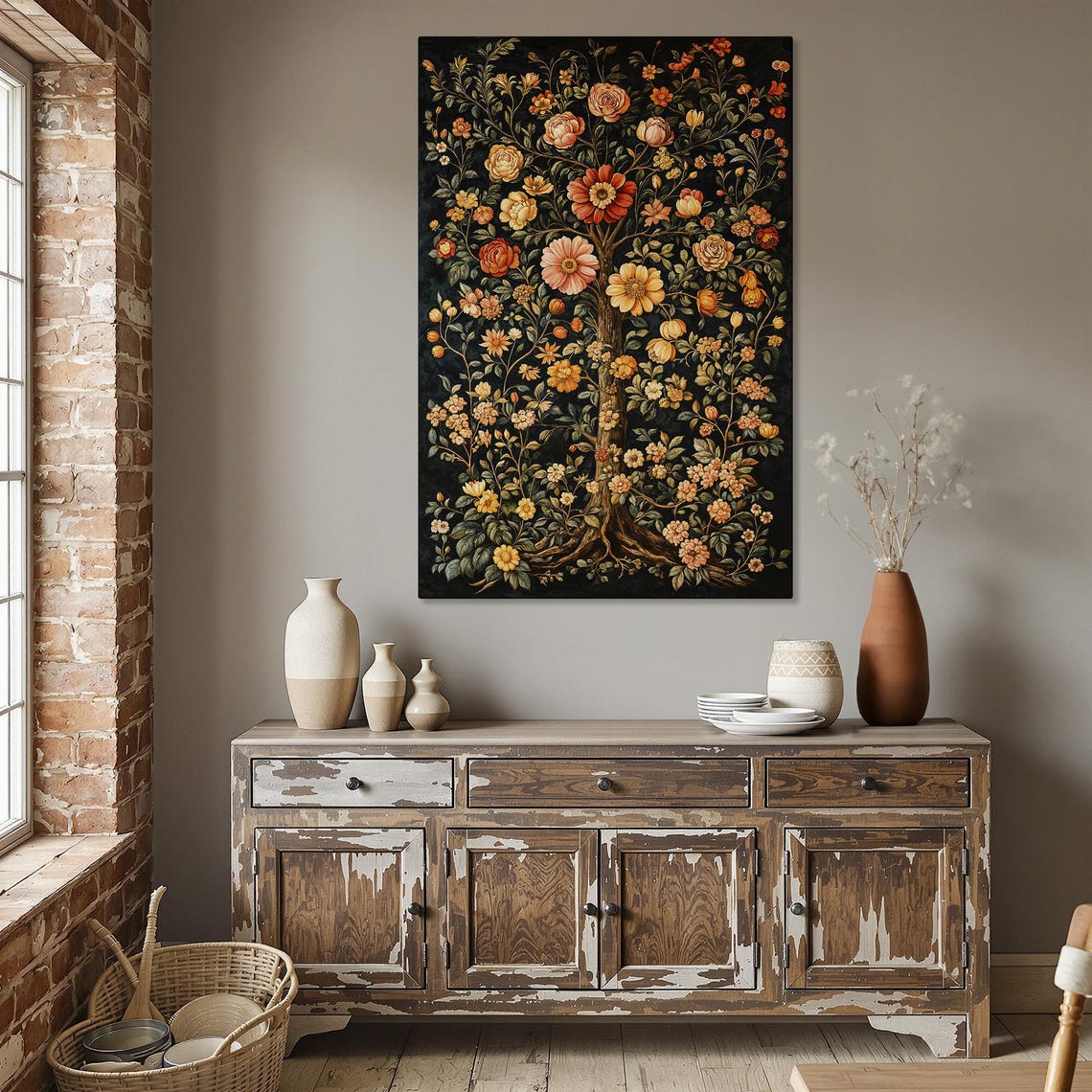 Rustic Floral Fantasy Framed Canvas Print Botanical Wall Art With Vibrant Flower Tree For Office Decor Ready To Hang Gift Her