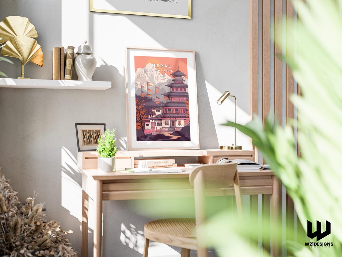 Nepal Himalayas Temple Peaks Sunset Vintage Illustration Poster - Image 3