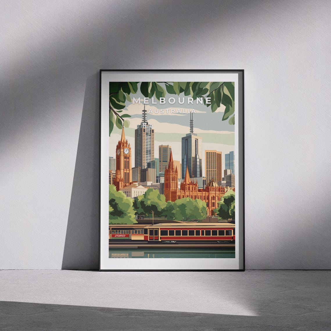 Melbourne Australia Skyline Tram Vintage Illustration Poster