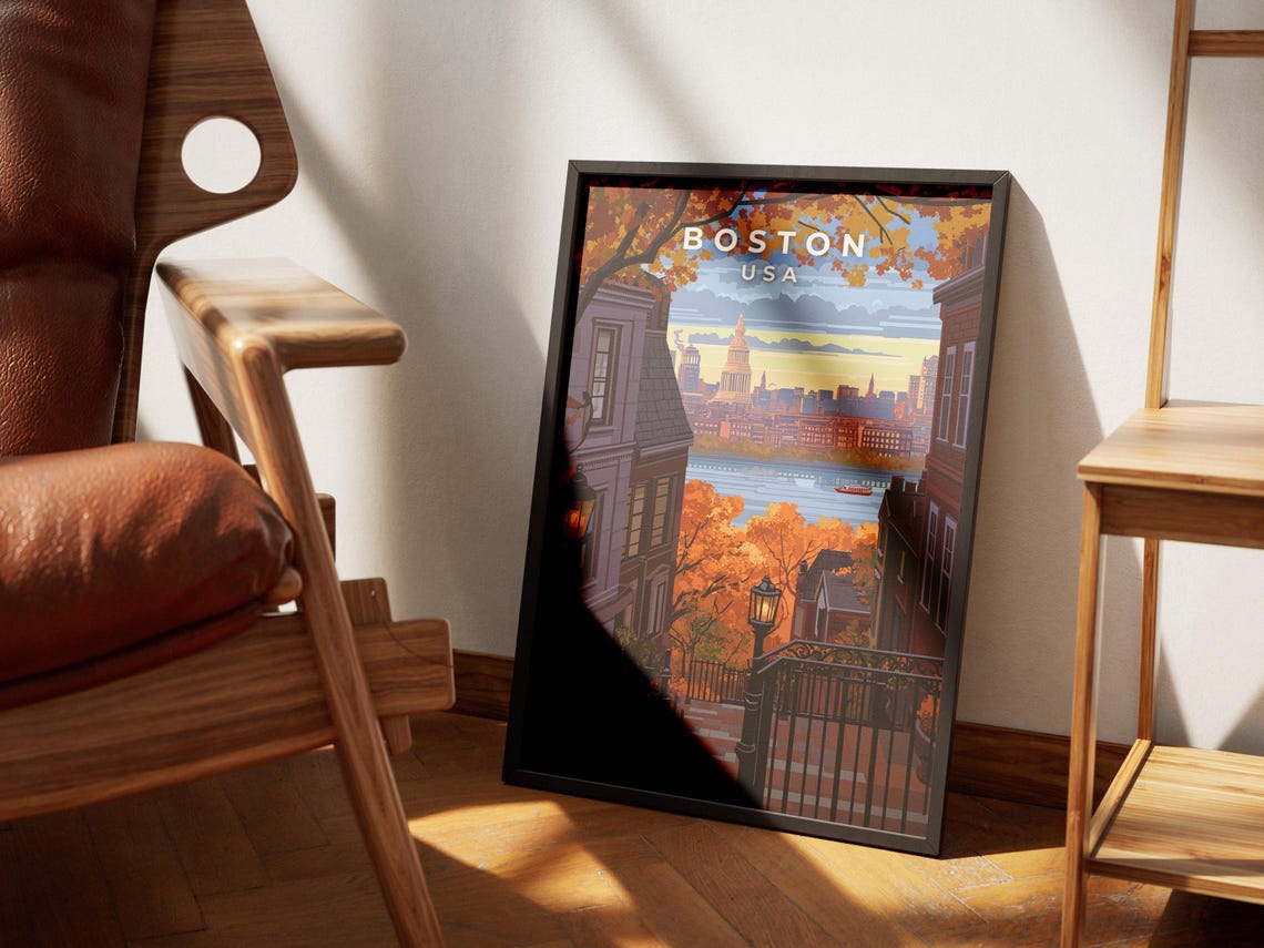 Boston USA Autumn Brownstone Street Skyline Fall Foliage Poster - Image 4