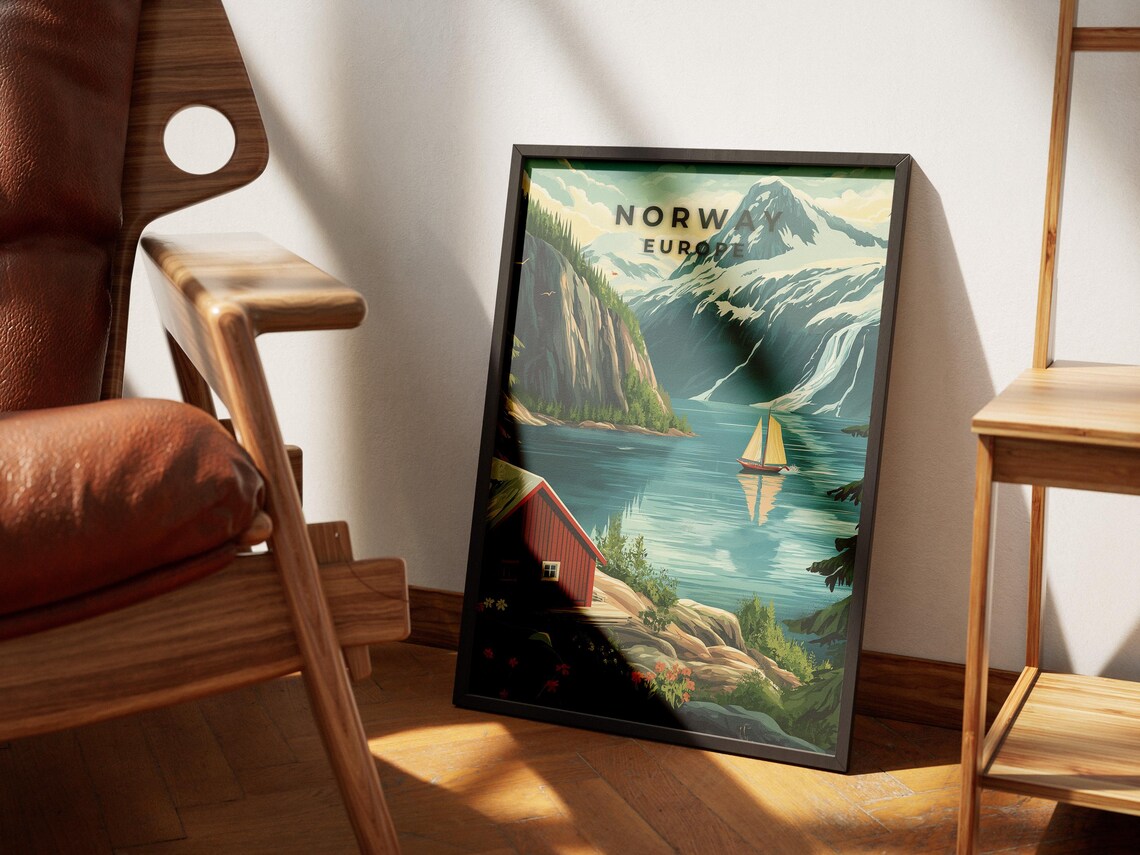Norway Fjord Scandinavia Travel Poster with Red Cabin and Sailboat - Image 4