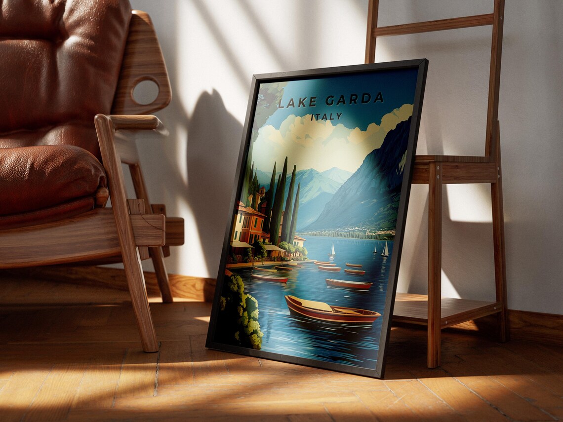 Lake Garda Italy Wooden Boats Lakeside Mountains Travel Art Poster - Image 2