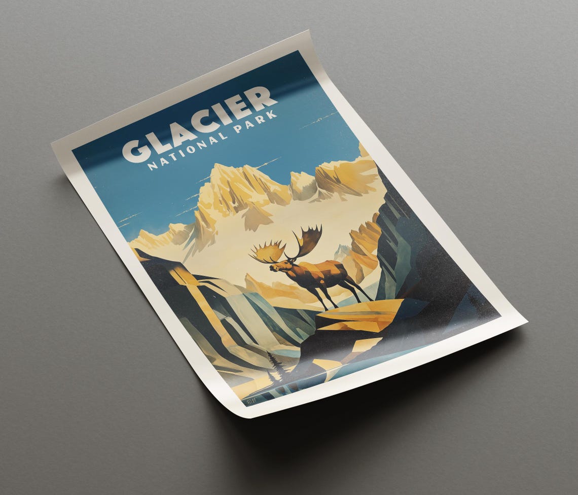 Glacier National Park Moose Mountain Peaks Vintage Art Poster - Image 5