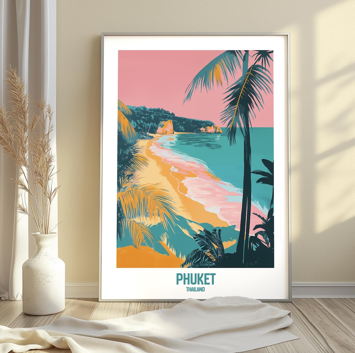 Phuket Thailand Vintage Travel Poster Tropical Palm Beach Paradise Art